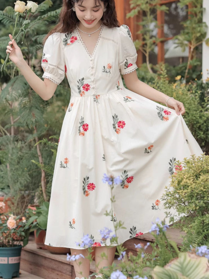 V-neck Floral Embroidered  Dress