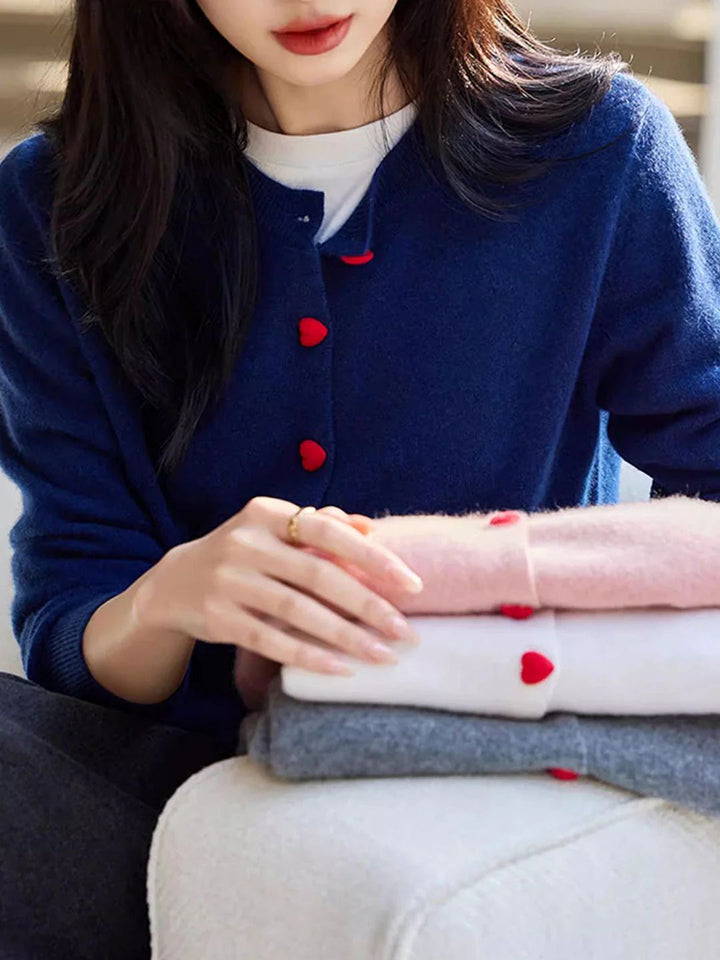 Elegant Crew Neck Heart Button Knitted Cardigan