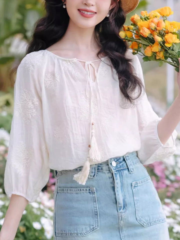 Embroidered Tassel Tie Top