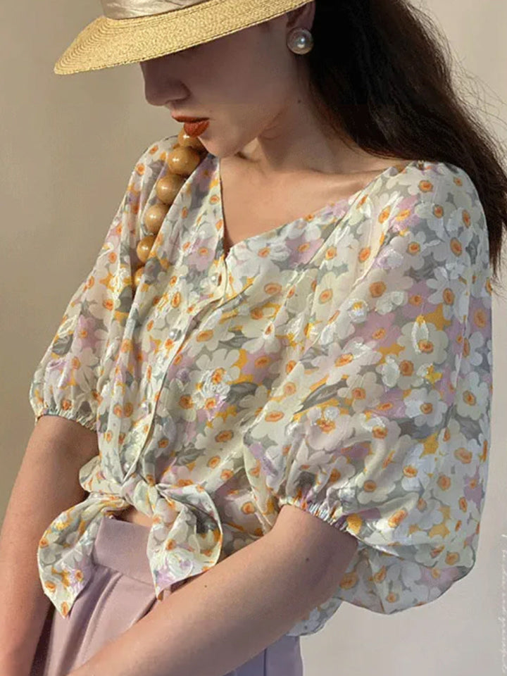 Purple V-neck Puff Sleeve Short Sleeves