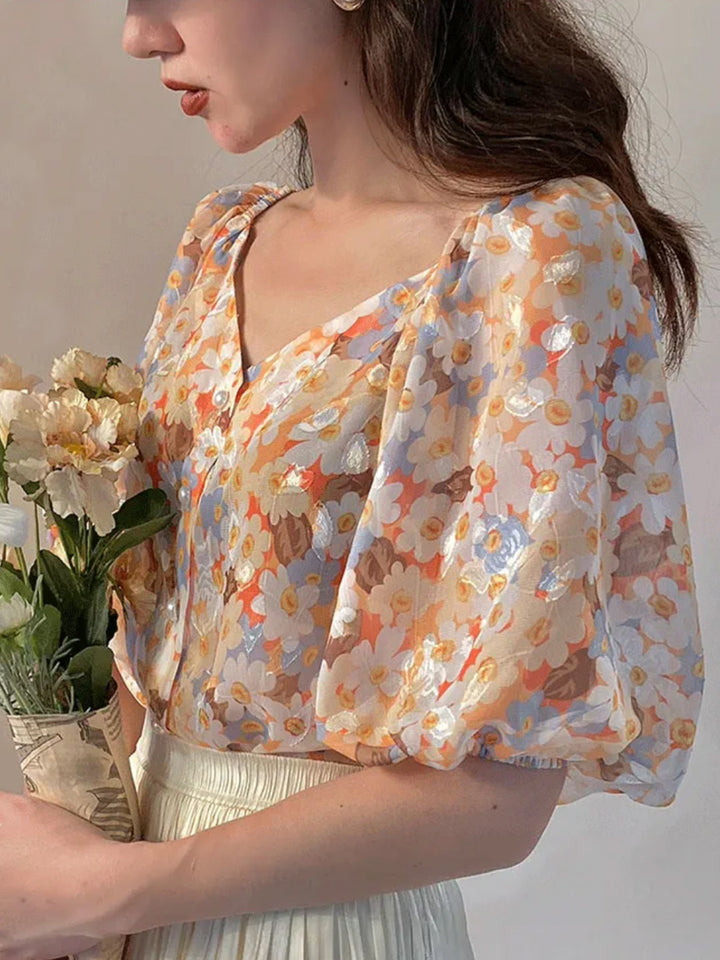 V-neck Puff Sleeve Short Sleeves