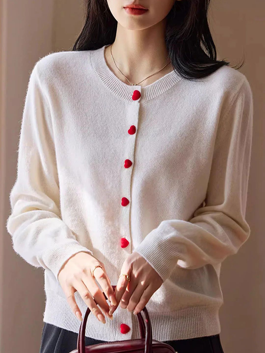 Elegant Crew Neck Heart Button Knitted Cardigan