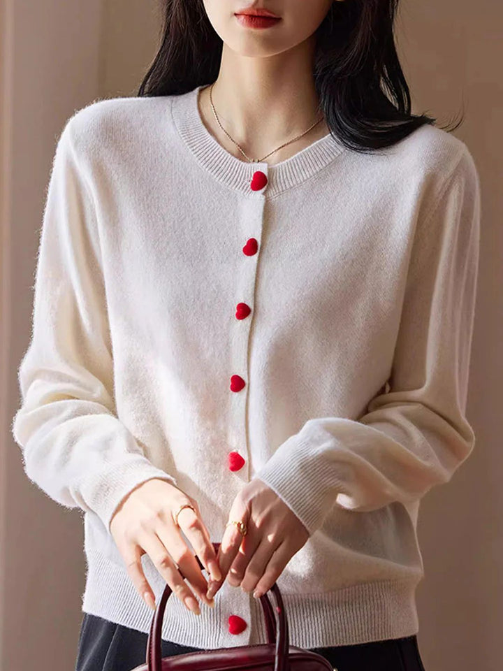 Elegant Crew Neck Heart Button Knitted Cardigan