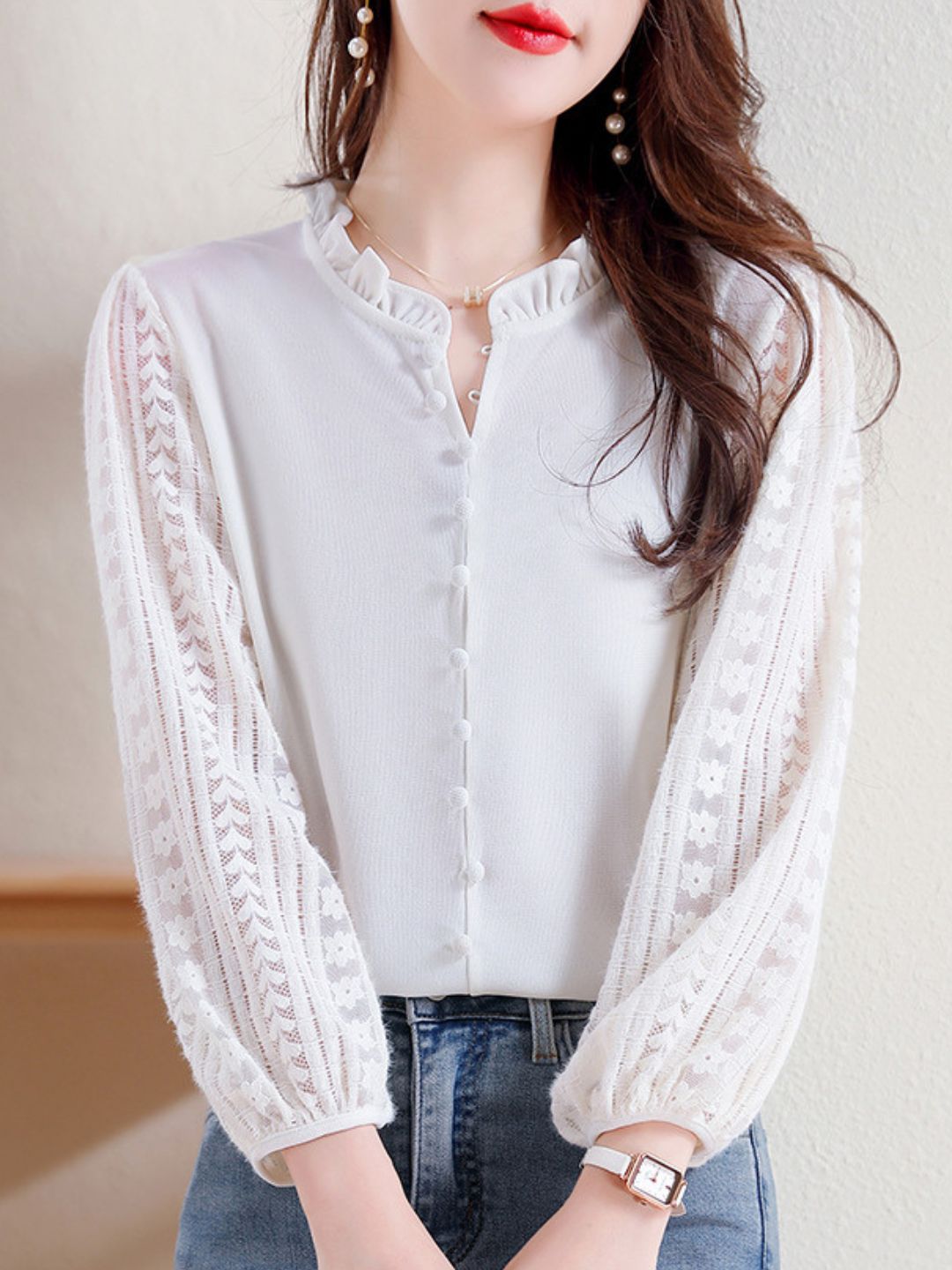Elegant Lace Lantern Sleeve Top - Pink