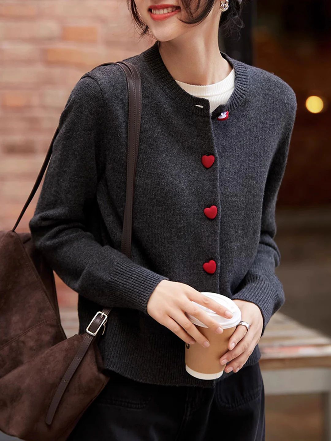 Elegant Crew Neck Heart Button Knitted Cardigan