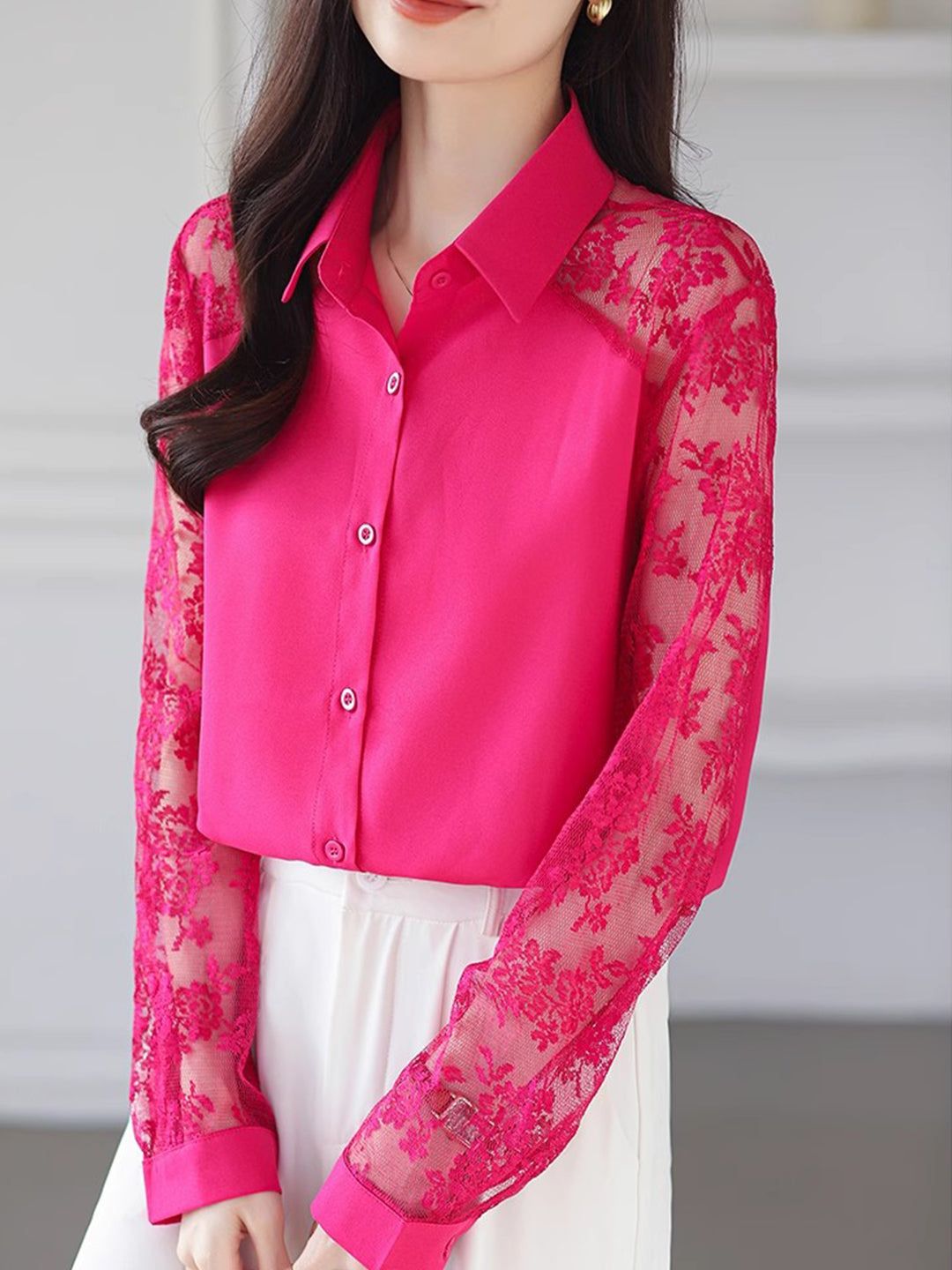 Lace Loose Lapel Chiffon Shirt