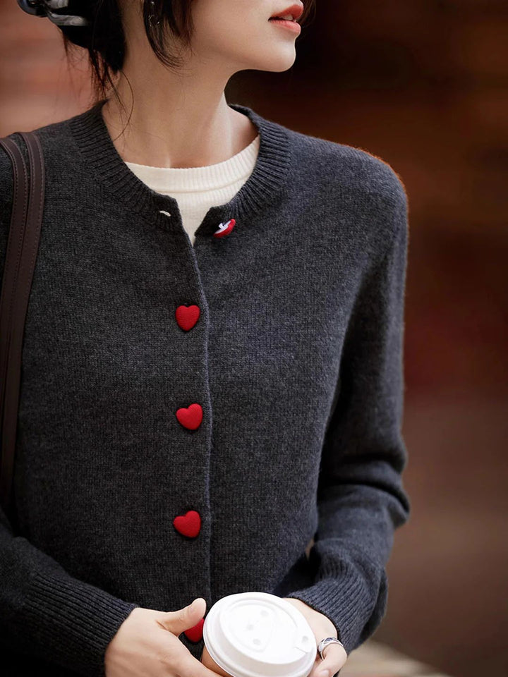 Elegant Crew Neck Heart Button Knitted Cardigan