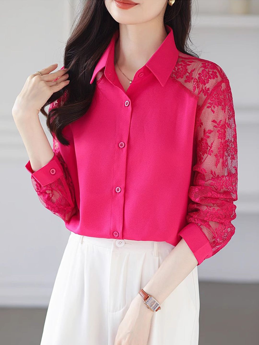 Lace Loose Lapel Chiffon Shirt