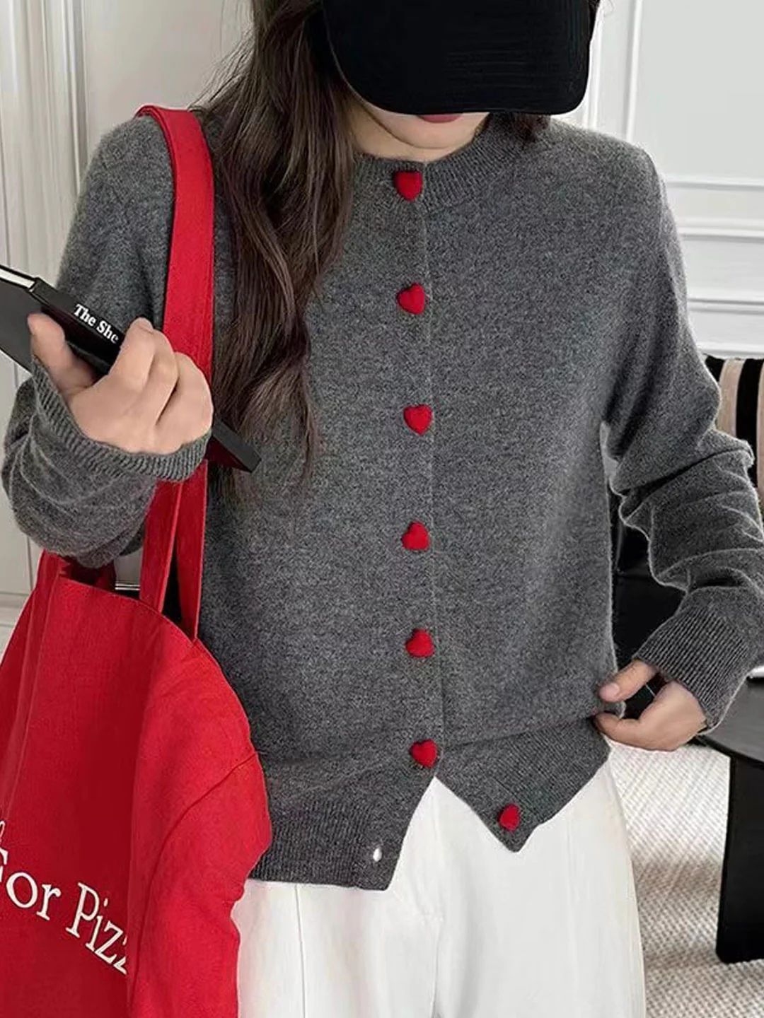 Elegant Crew Neck Heart Button Knitted Cardigan