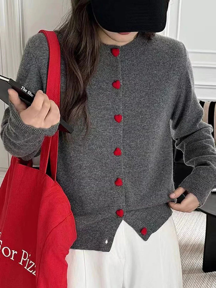 Elegant Crew Neck Heart Button Knitted Cardigan