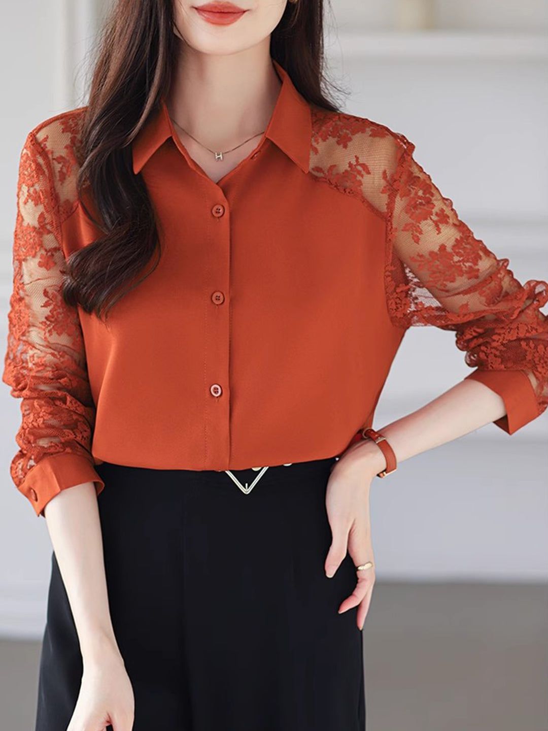 Lace Loose Lapel Chiffon Shirt