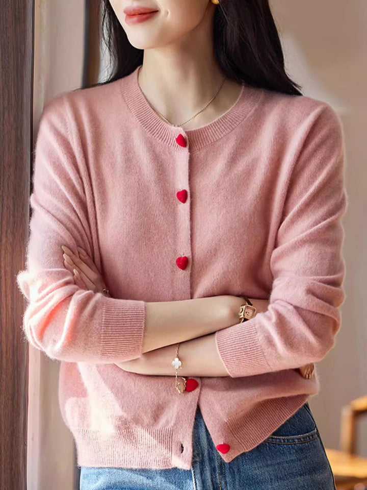 Elegant Crew Neck Heart Button Knitted Cardigan