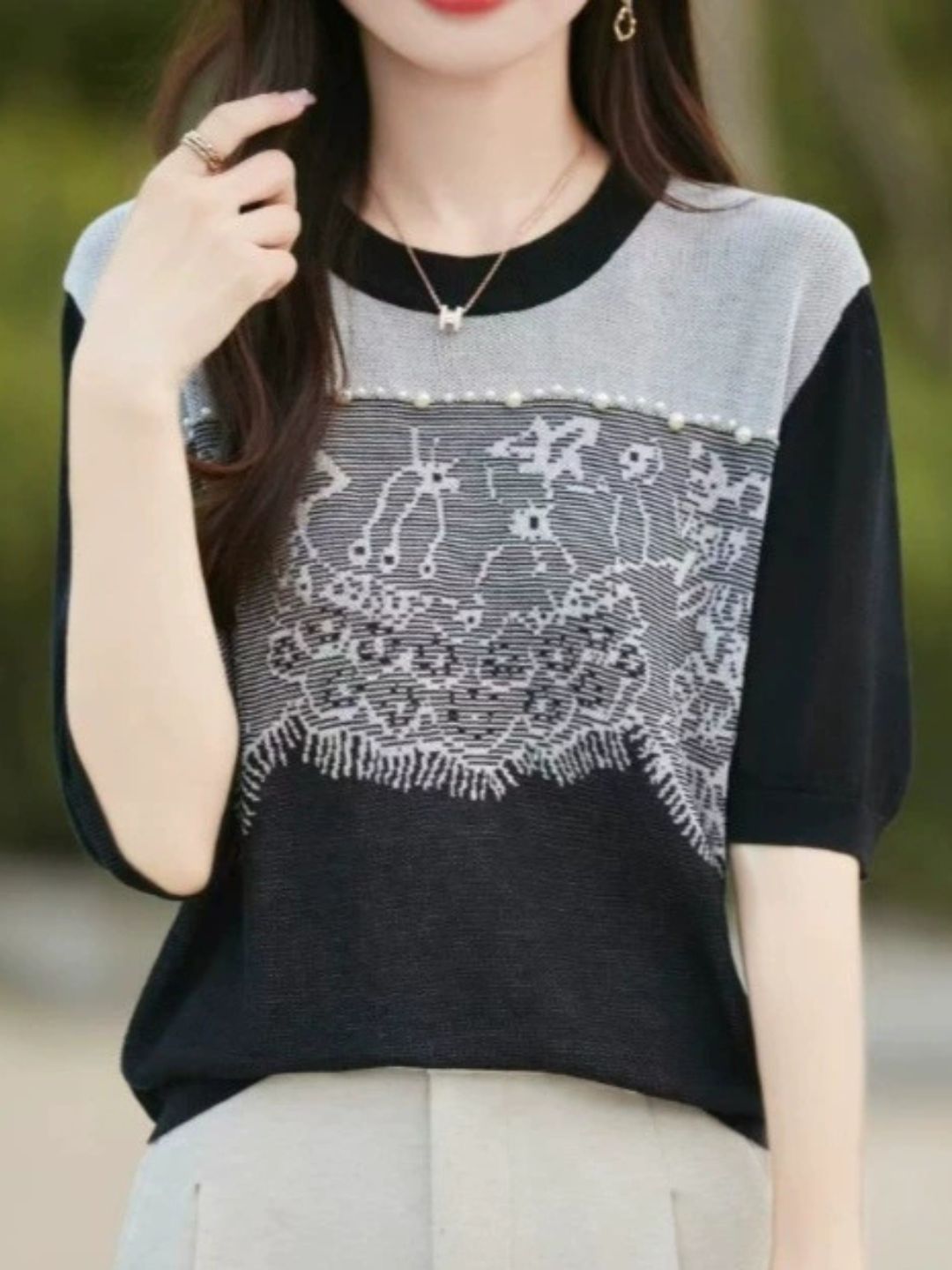Crew Neck Lace Panel Knitted Top