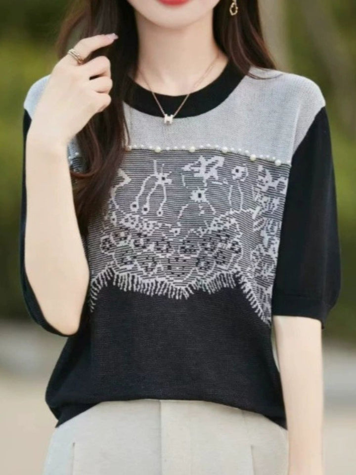 Crew Neck Lace Panel Knitted Top