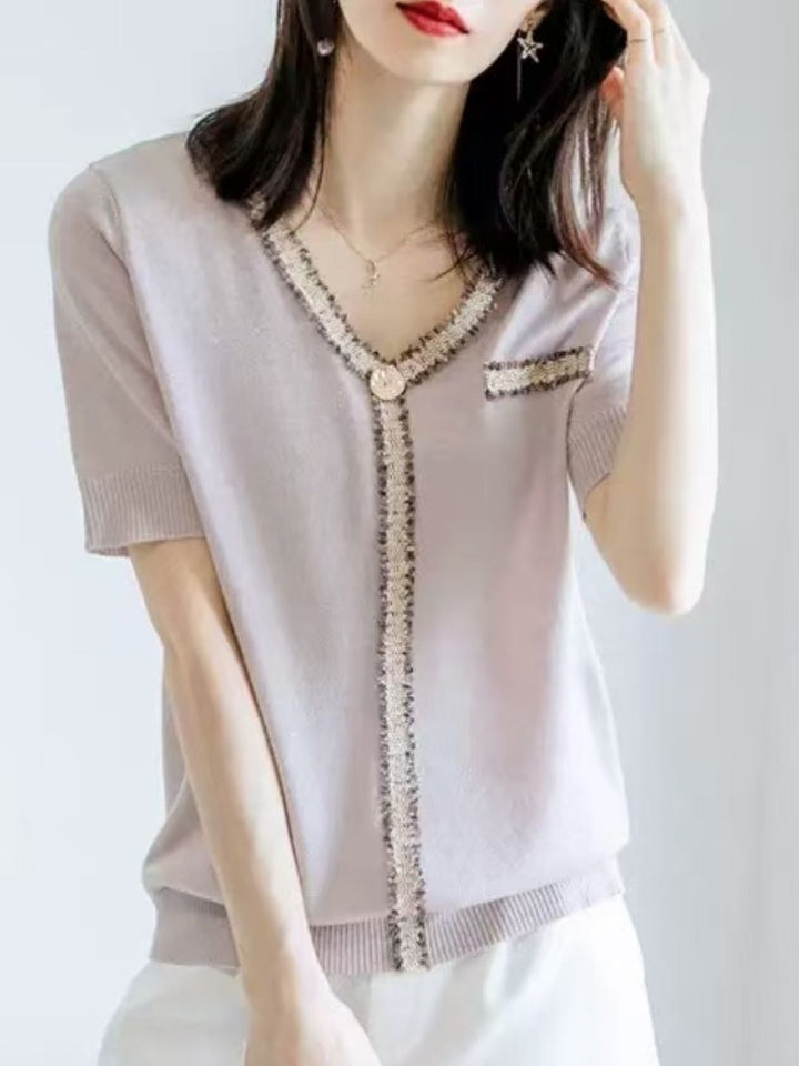 Loose V-Neck Tassel Stitching Top