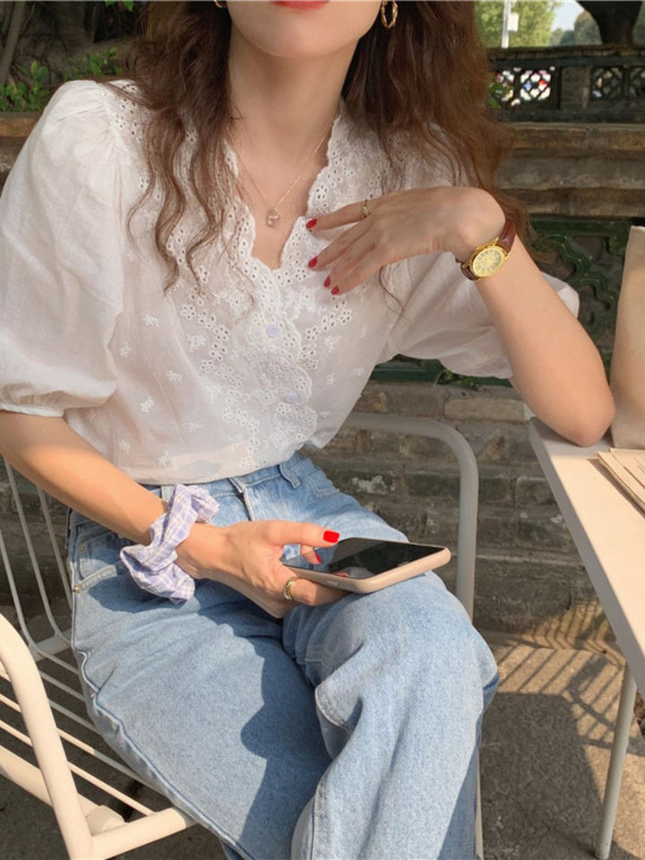 V-neck Embroidered Lace Shirt