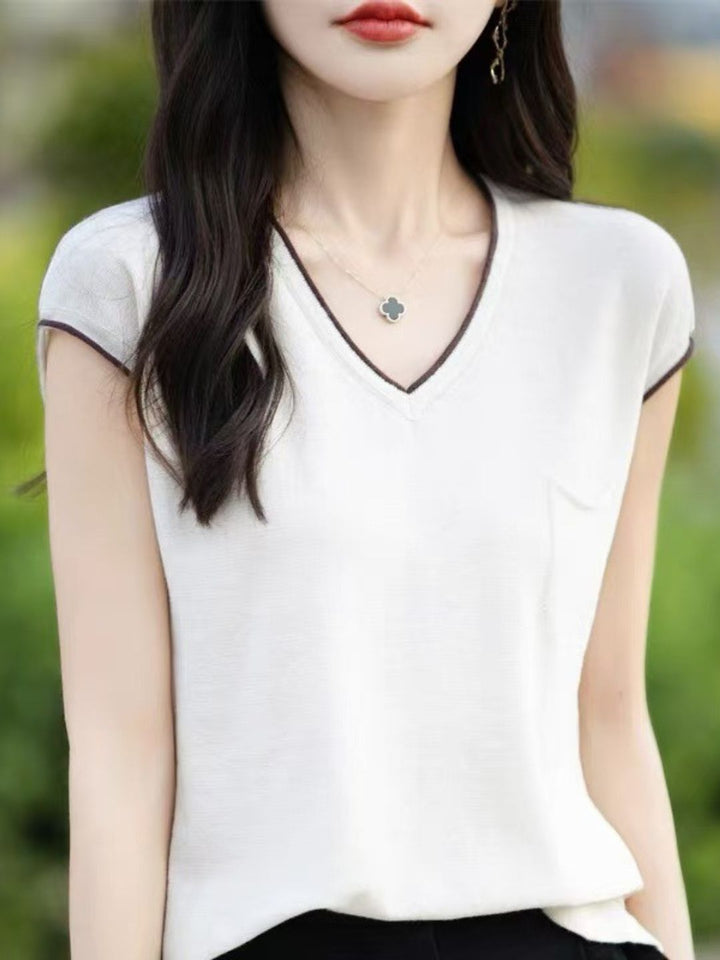 Loose V-Neck Knitted Contrast Top