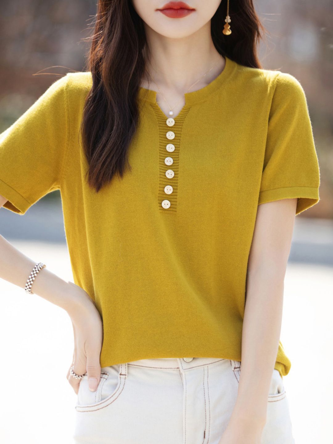 V-Neck Solid Color Loose Top
