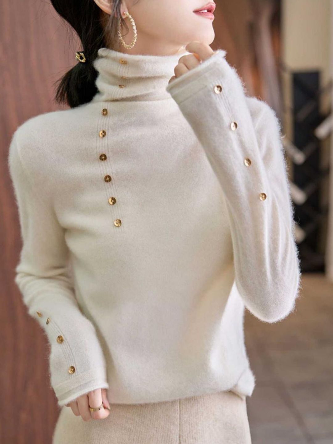 Vintage Buttoned Turtleneck Knitted Sweater - Blue