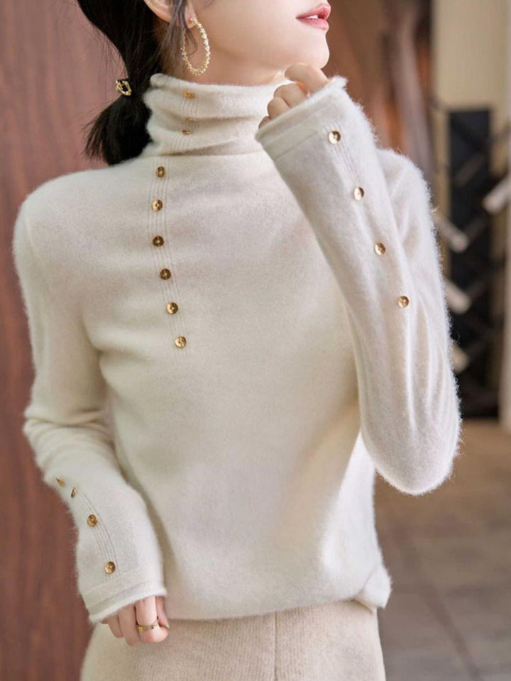 Vintage Buttoned Turtleneck Knitted Sweater - Blue