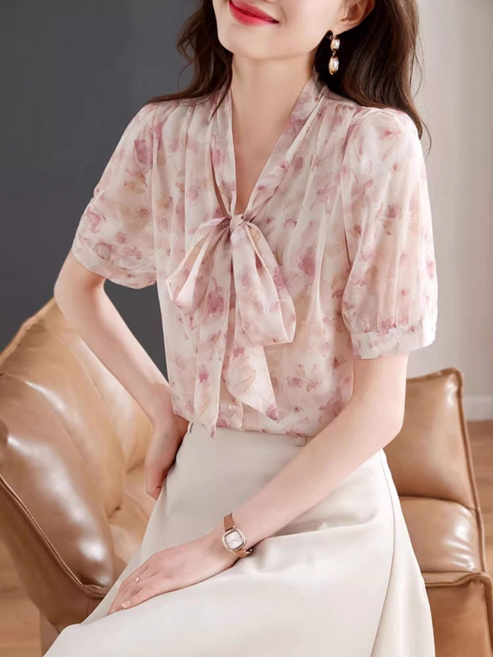 Bow Tie Floral Chiffon Shirt