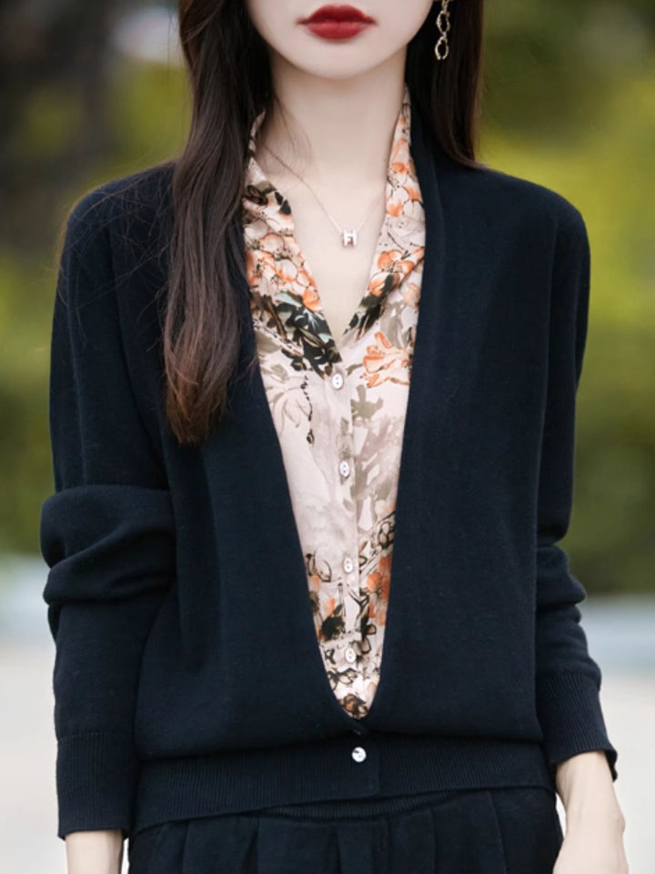 Casual V-Neck Printed Knitted Cardigan