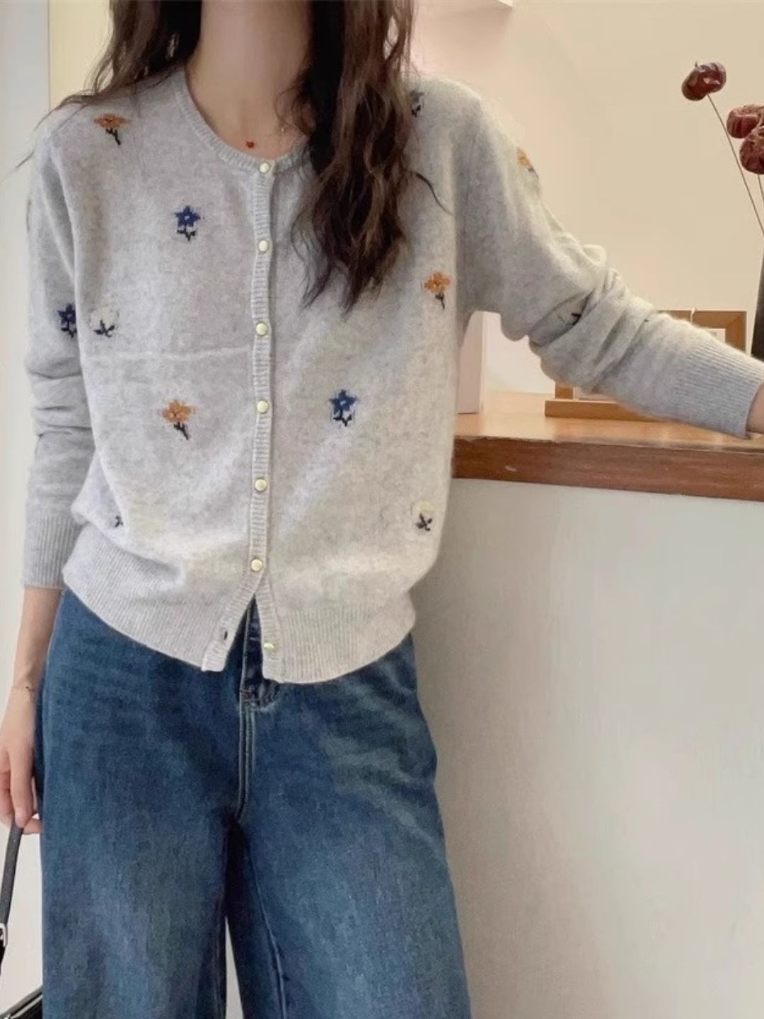 SimVintage Jacquard Design Knitted Cardigan - Grey