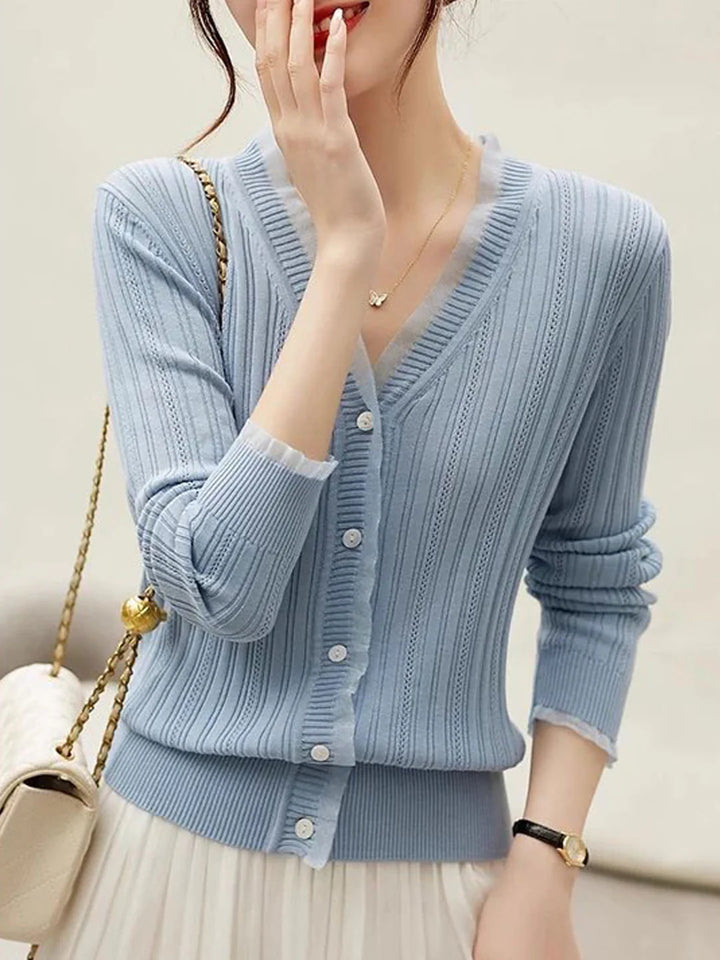 Vintage V-Neck Knitted Cardigan -Blue