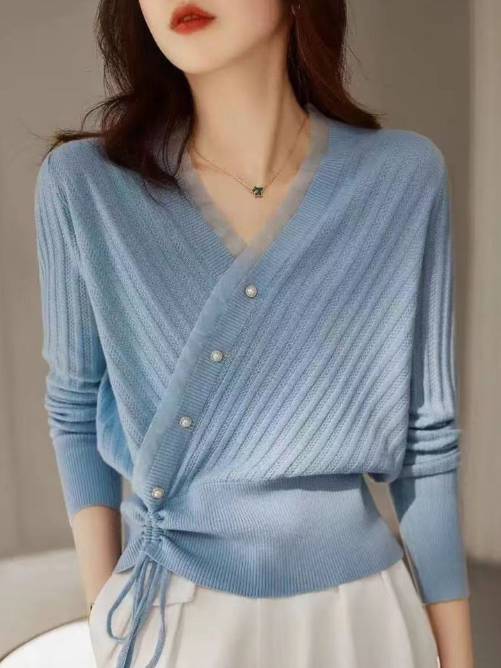 Classic Drawstring Auricular Knitted Top - Blue