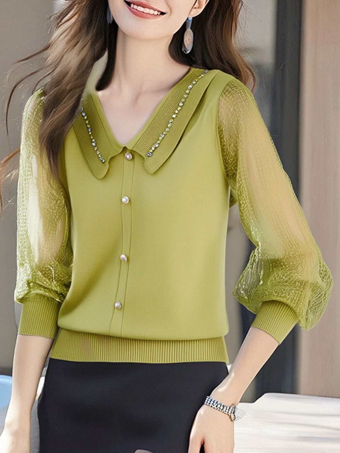 V-Neck Lace Sleeve Knitted Top