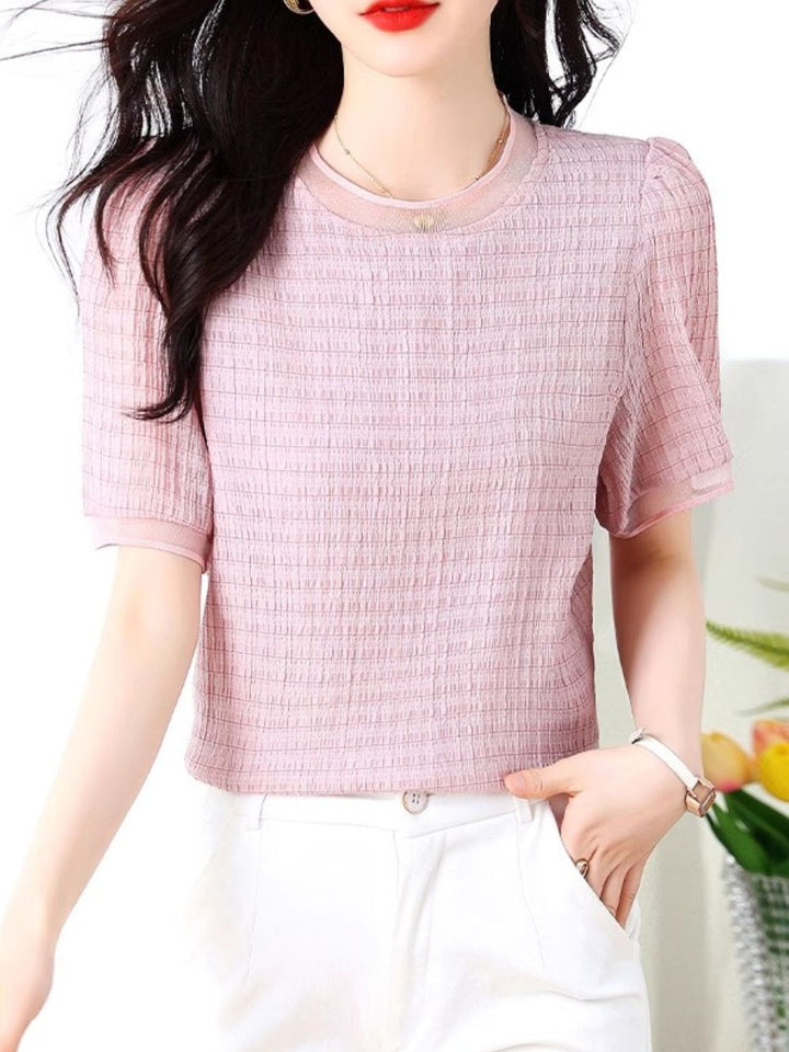 Round Neck Plaid Chiffon Shirt - Pink
