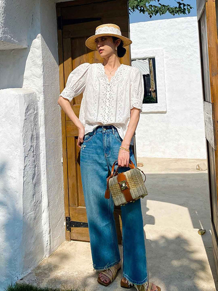 Elegant V-Neck Puff Sleeve Embroidered Top