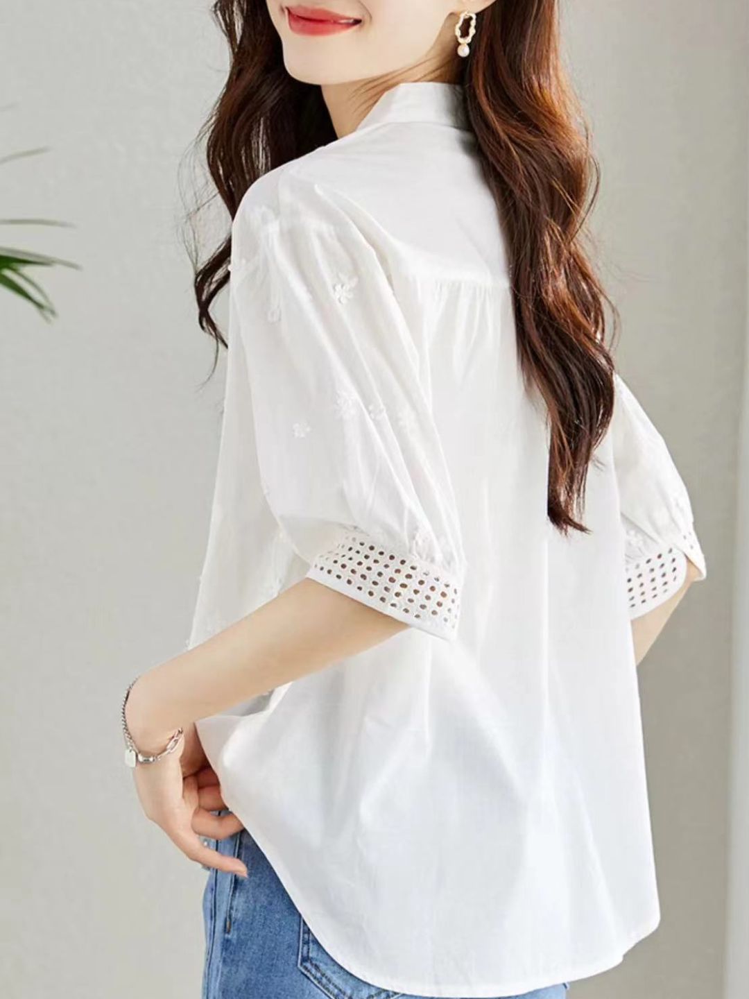 Versatile V-neck Embroidered Hollow Shirt