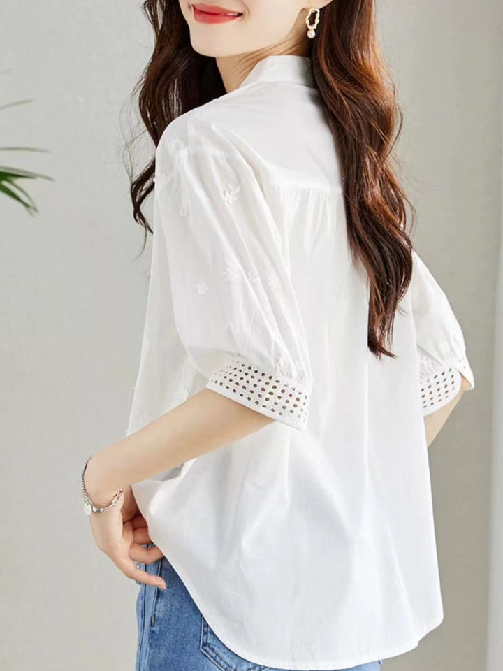 Versatile V-neck Embroidered Hollow Shirt
