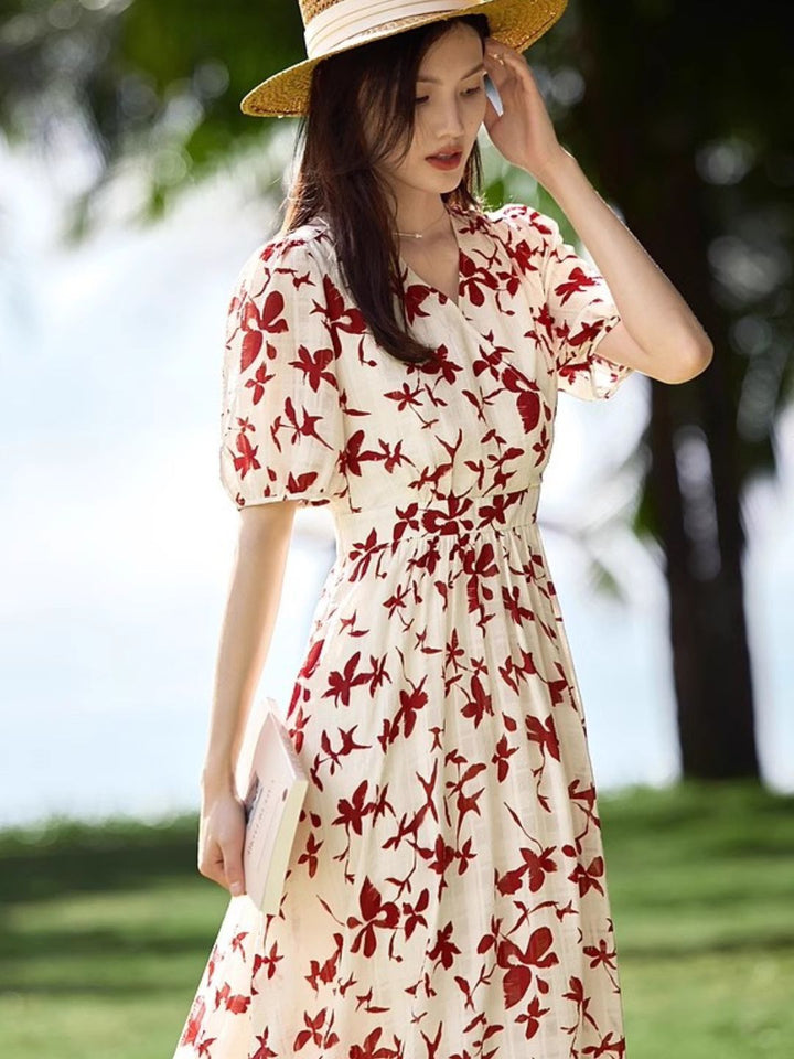 V-neck Floral Short-sleeved Dress