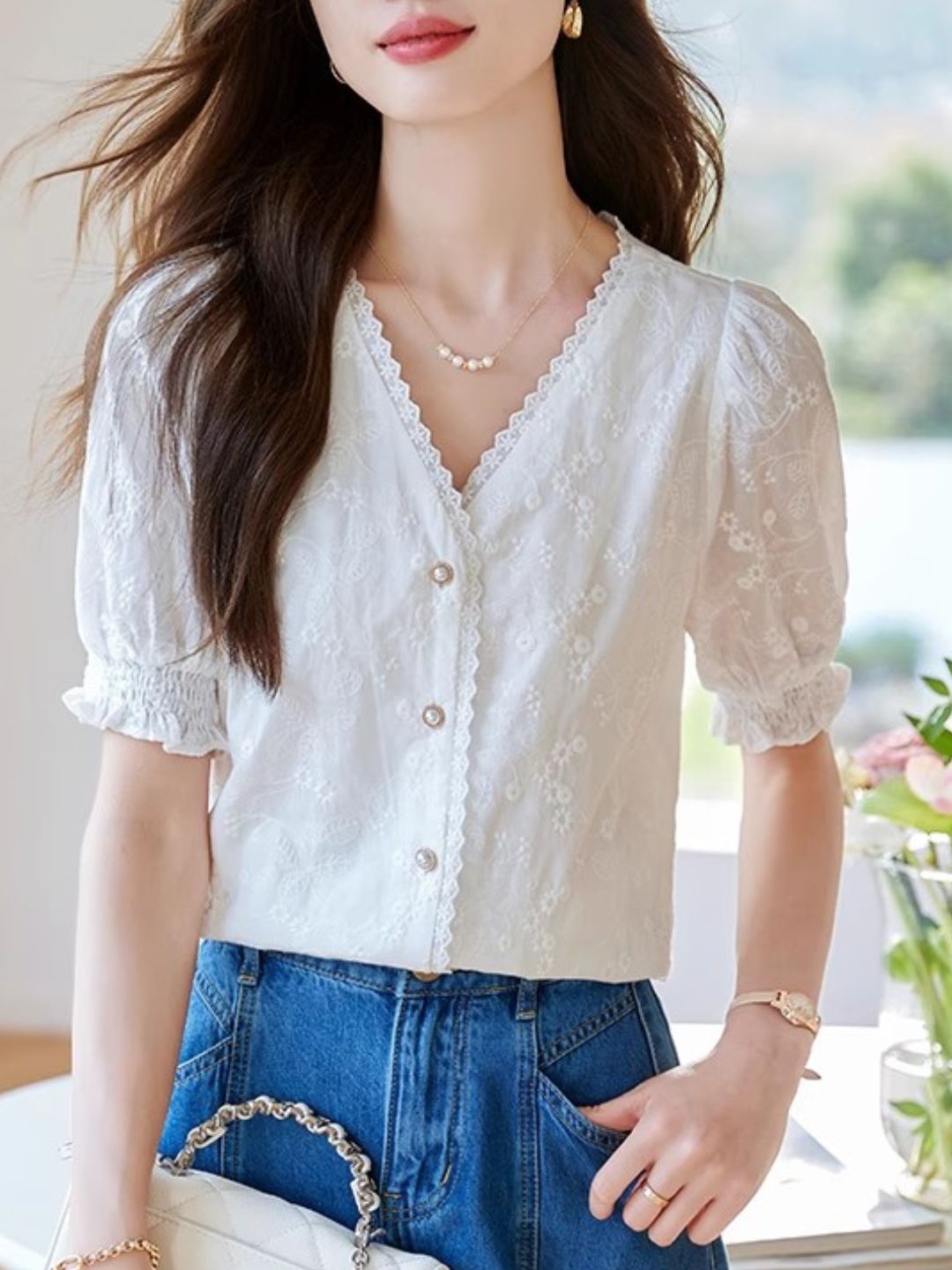 Versatile Lace V-Neck Shirt Top