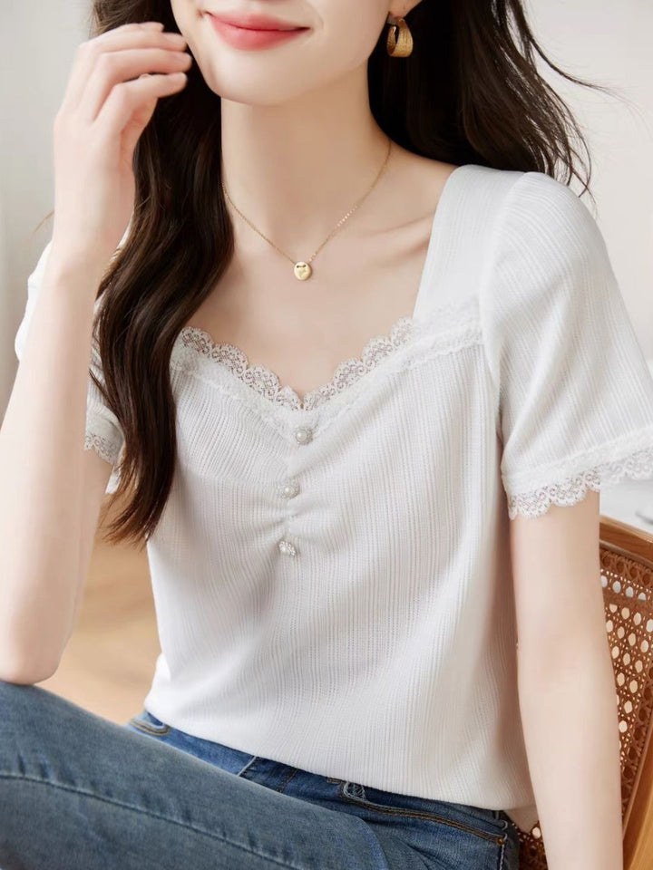 White Knit Short Sleeve Lace Top
