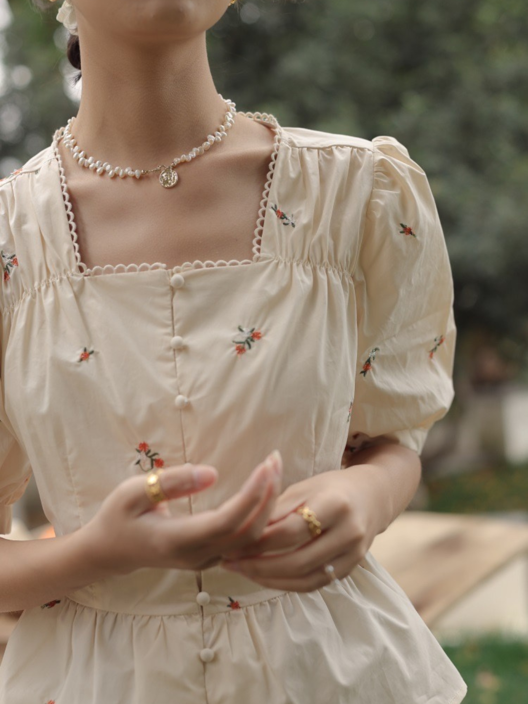 Square Neck Short Sleeve Embroidered Shirt