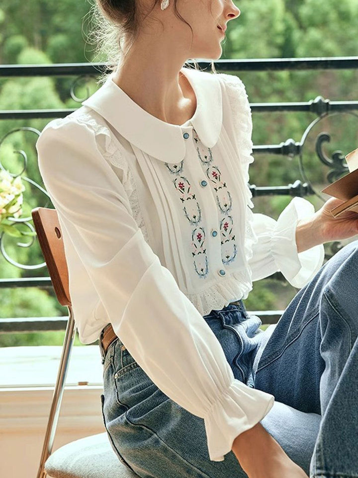 Loose Lapel Puff Sleeve Embroidered Shirt