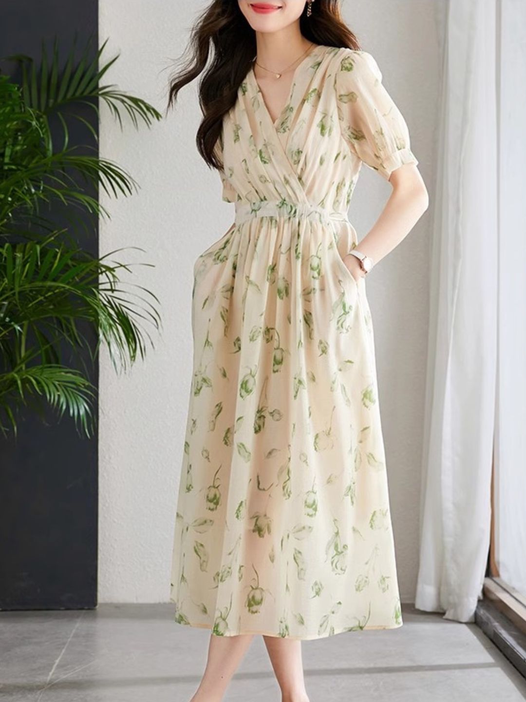 Temperament Short Sleeve Chiffon Dress - Black