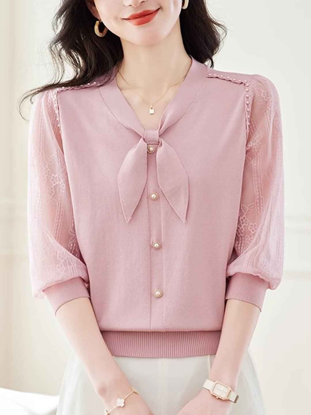 V-Neck Puff Sleeve Bow Lace Knitted Top