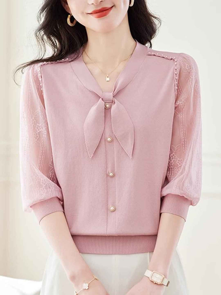 V-Neck Puff Sleeve Bow Lace Knitted Top