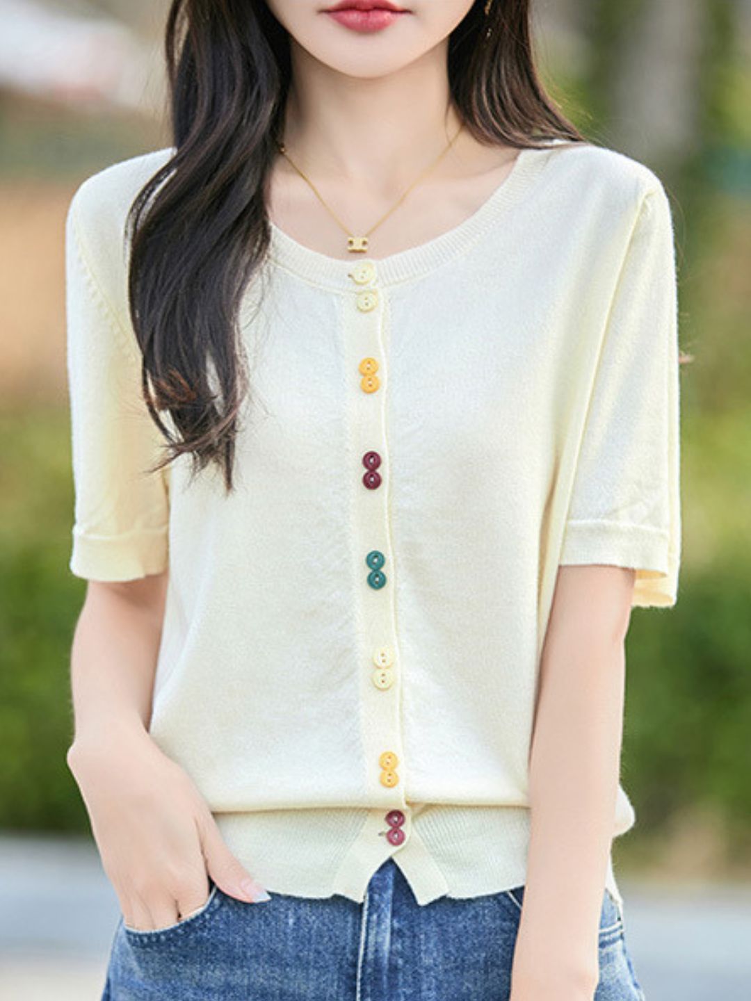 Colorful Button-Down Knitted Short-Sleeved Top