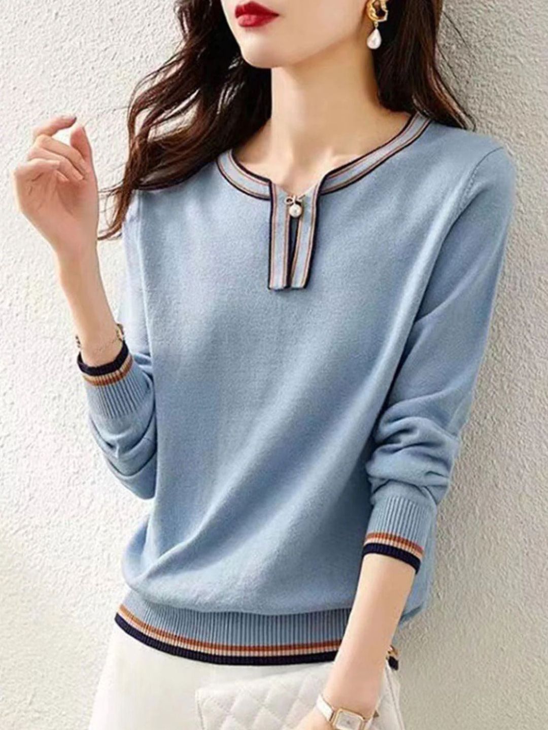 Classic Contrasting Color Knitted Pullover Top