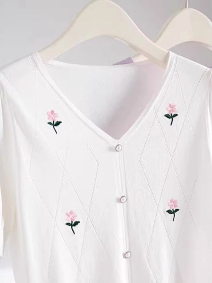 V-Neck Knitted Top With Hollow Embroidery