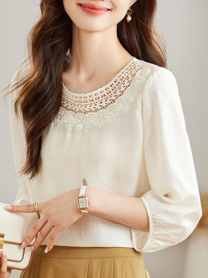 Retro Round Neck Solid Color Hollow Top