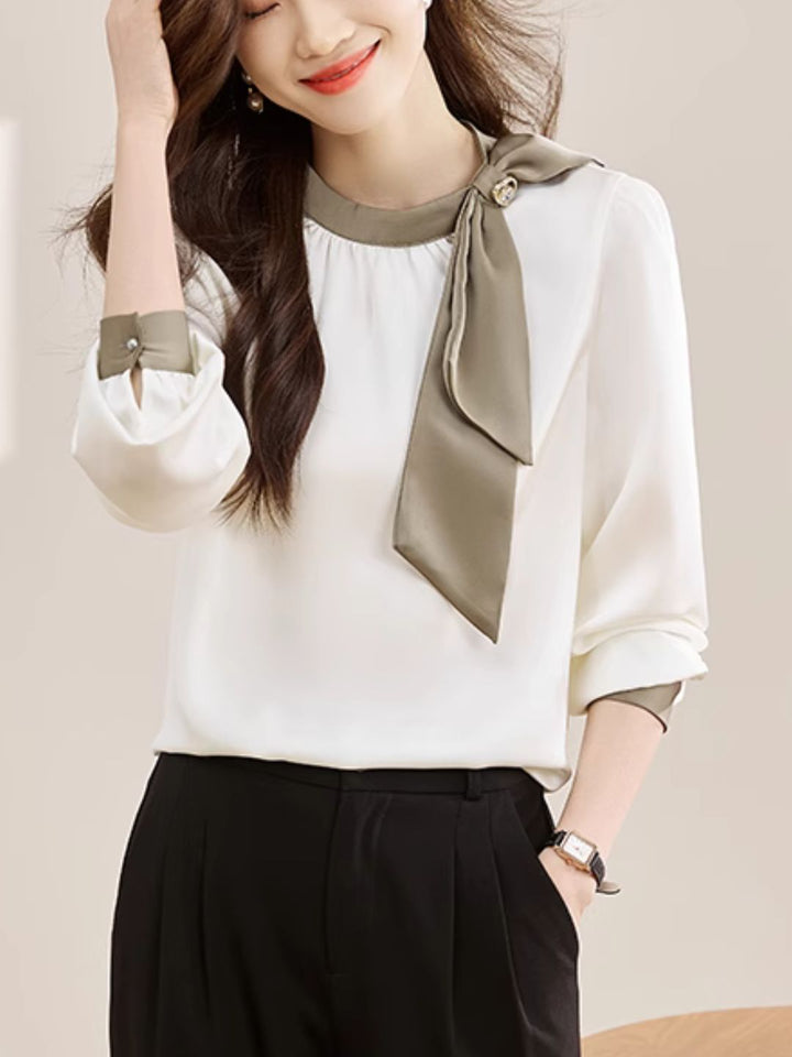 Gentle Colorblock Collar Bowknot Ribbon Top