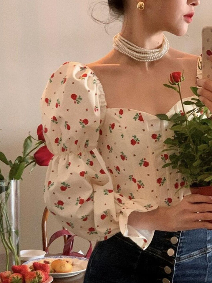 Square Collar Floral Short Shirt Puff Sleeve Top