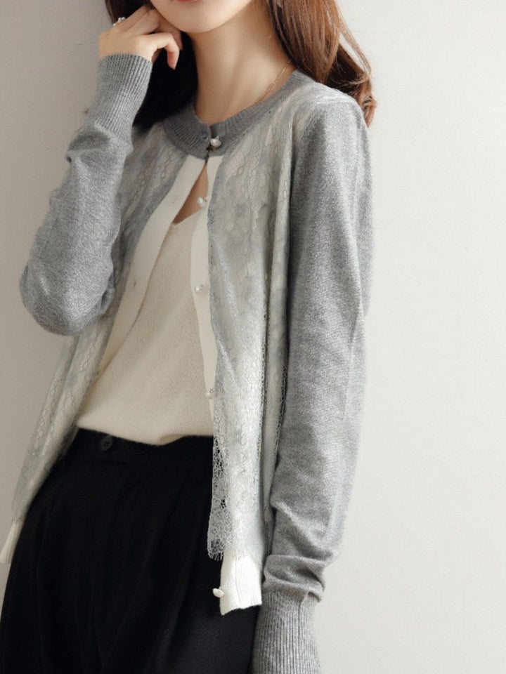 Crew Neck Lace Knit Sweater - Black