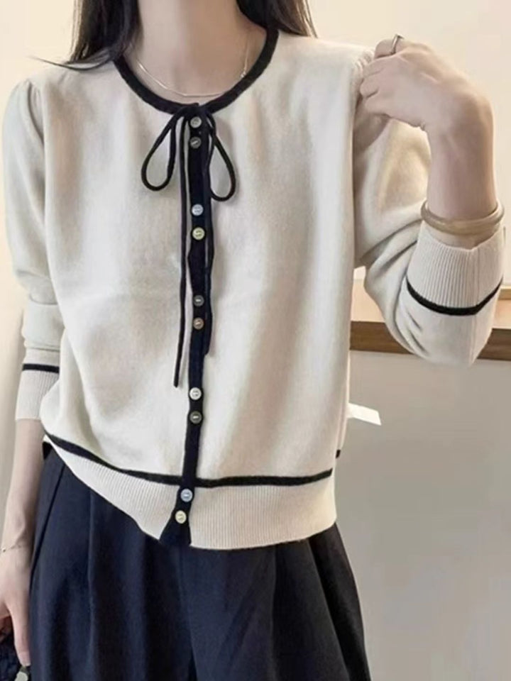 Round Neck Bow Tie Contrast Color Sweater